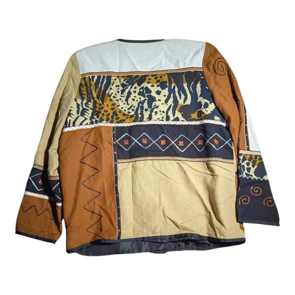 Vtg 1990s Indigo Moon Beige Black Patchwork Animal Print Collarless Jacket Sz M